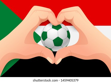 Sudan flag and hand heart shape. National football background. Soccer ball with flag of Sudan vector illustration