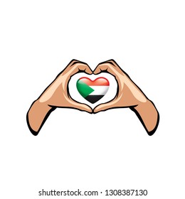 Sudan flag and hand on white background. Vector illustration