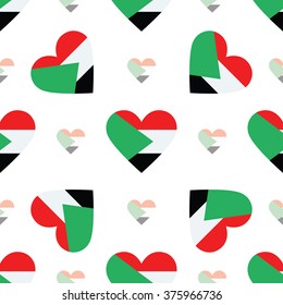 Sudan flag heart seamless pattern. Patriotic Sudan flag background. Country flag in the shape of heart. Vector seamless pattern.