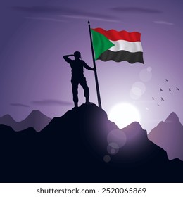 Sudan Flag hoisted on a mountain peak with a purplish sunset in the background, vector illustration