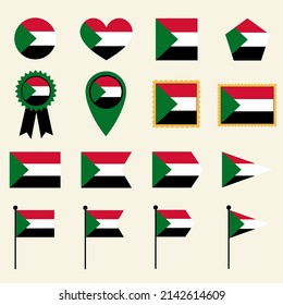 Icono del indicador de Sudán establecido en 16 versiones de forma. Colección de iconos de la bandera de Sudán con formas cuadradas, redondas, corazón, triángulo, medallas, sellos y ubicaciones.