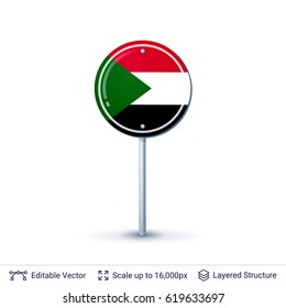 Sudan flag isolated on white. Country symbol as road sign. Vector pointer template easy to edit.