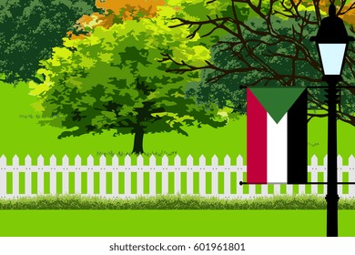 Sudan Flag, Landscape of Park, Trees, Fence wooden and Street light Vector Illustration 