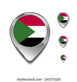 Sudan flag map pointer. 3d Map Pointer with flag glossy button style on gray background