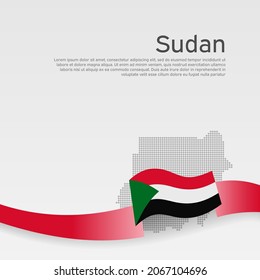 Sudan flag, mosaic map on white background. Wavy ribbon with the sudan flag. Vector banner design, national sudanese poster. Cover for business booklet. State patriotic flyer, brochure