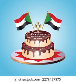 Sudan Flag National Day with a Cake on a Blue Background