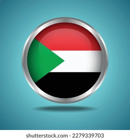The Sudan flag. Round glossy. Silver frame. Isolated on color gradient background