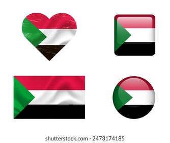 Sudan flag set of icons. Vector flag of Sudan, symbol. Set of Sudan flags button, waved, heart.