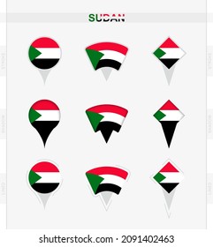 Bandera de Sudán, conjunto de iconos de alfiler de ubicación de la bandera de Sudán. Ilustración vectorial de los símbolos nacionales.