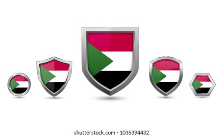 Sudan flag - silver badges with different shape shield, circle and hexagon - on white background - stock vector illustration