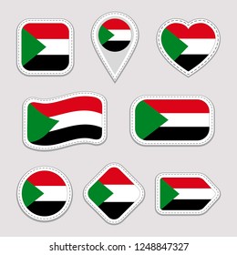 Sudan flag stickers set. Sudanese national symbols badges. Isolated geometric icons. Vector official flags collection. Sport pages, patriotic, travel, school, design elements. Different shapes