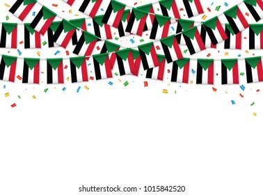 Sudan flags garland white background with confetti, Hang bunting for Sudan independence Day celebration template banner, Vector illustration