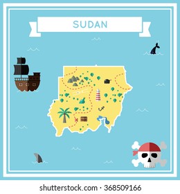 Sudan flat treasure map. Colorful cartoon treasure map of Sudan with flat icons of pirate ship, jolly roger, treasure chest and banner ribbon. Flat design vector illustration.