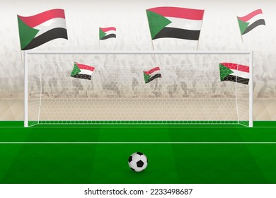 Sudan football team fans with flags of Sudan cheering on stadium, penalty kick concept in a soccer match. Sports vector illustration.