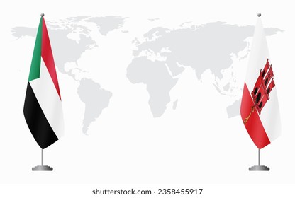 Sudan and Gibraltar flags for official meeting against background of world map.