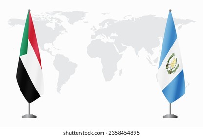 Sudan and Guatemala flags for official meeting against background of world map.