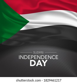 Sudan happy independence day greeting card, banner, vector illustration. Sudani memorial holiday design element with realistic flag with stripes, square format