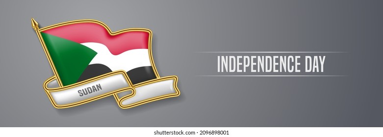 Sudan happy independence day greeting card, banner vector illustration. Sudanian national holiday design element with 3D pin with flag