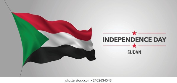 Sudan happy independence day greeting card, banner with template text vector illustration. Sudanese memorial holiday design element with 3D flag with stripes