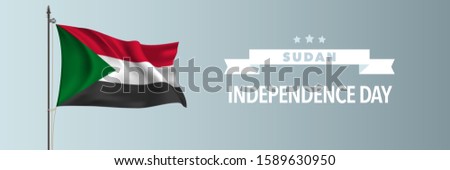 Sudan happy independence day greeting card, banner vector illustration. Sudanian national holiday design element with waving flag on flagpole 