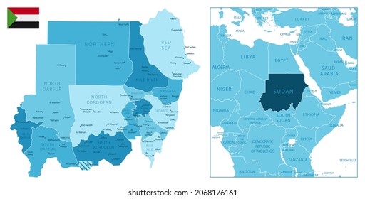 Sudán - mapa azul altamente detallado. Ilustración del vector