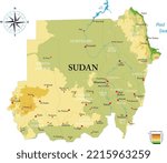 Sudan highly detailed physical map