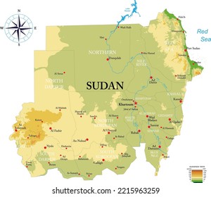 Mapa físico altamente detallado de Sudán