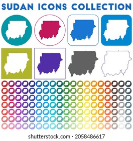 Sudan icons collection. Bright colourful trendy map icons. Modern Sudan badge with country map. Vector illustration.