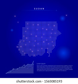 Sudan illuminated map with glowing dots. Infographics elements. Dark blue space background. Vector illustration. Growing chart, lorem ipsum text.