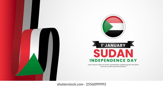 Sudan Independence Day 1st January banner background with waving ribbon flag and copy space area