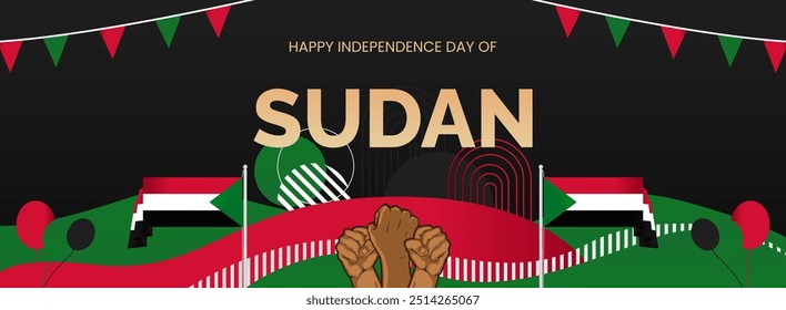 Sudan Independence Day Hintergrund in Sudan Flagge Farben mit modernen abstrakten Formen, Typografie und erhobenen Faust. Perfekt für Poster, Banner und Grußkarten. Alles Gute zum Nationalfeiertag im Sudan