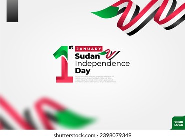 Logotipo del Día de la Independencia de Sudán el 1 de enero con fondo de bandera de curva.