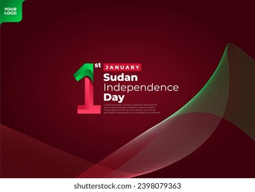 Logotipo del Día de la Independencia de Sudán el 1 de enero con fondo de bandera de curva.