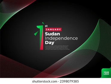 Sudan Unabhängigkeit Tag logotype 1. Januar mit Kurvenflagge Hintergrund.