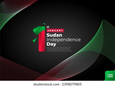 Logotipo del Día de la Independencia de Sudán el 1 de enero con fondo de bandera de curva.