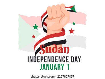 Sudan Independence Day on on January 1st with Flags and Sudanese National Holiday in Flat Cartoon Background Hand Drawn Templates Illustration