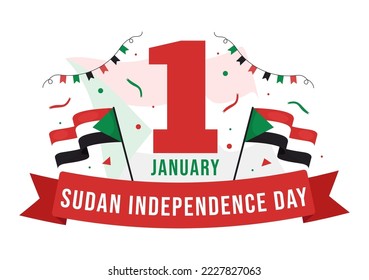 Sudan Independence Day on on January 1st with Flags and Sudanese National Holiday in Flat Cartoon Background Hand Drawn Templates Illustration