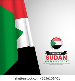 Sudan independence day realistic flag on white background. Template for Banner, greeting card, feed