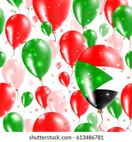 Sudan Independence Day Seamless Pattern. Flying Rubber Balloons in Colors of the Sudanese Flag. Happy Sudan Day Patriotic Card with Balloons, Stars and Sparkles.
