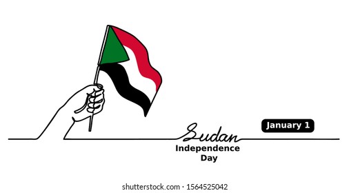 Sudan Independence Day vector background. One continuous line drawing concept with hand, Sudan flag, lettering.
