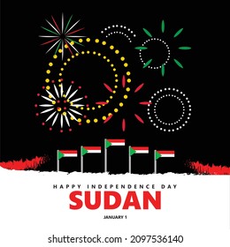 Ilustración vectorial del Día de la Independencia de Sudán con sus banderas nacionales y fuegos artificiales. Día feriado público en el país africano.