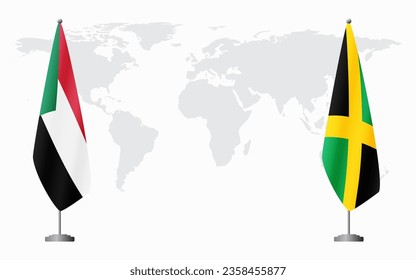 Sudan and Jamaica flags for official meeting against background of world map.