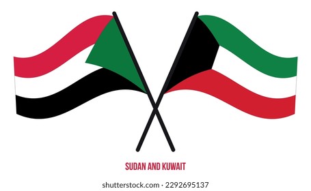 Sudan and Kuwait Flags Crossed And Waving Flat Style. Official Proportion. Correct Colors.