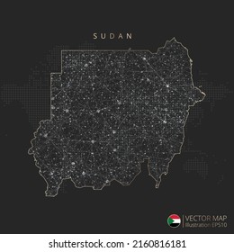 Sudan map abstract geometric mesh polygonal light concept with black and white glowing contour lines countries and dots on dark background. Vector illustration.