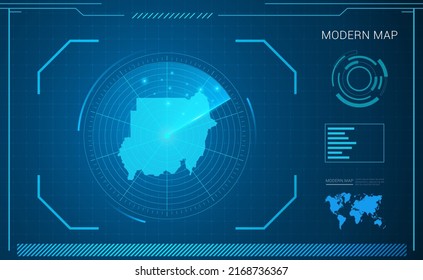 Sudan map of blue digital frame technology radar vector HUD, GUI, UI interface.