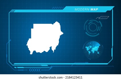 Sudan map of blue digital frame HUD, GUI, UI interface technology radar vector.