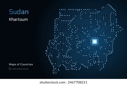 Sudan Map with a capital of Khartoum Shown in a Microchip Pattern with processor. E-government. World Countries vector maps. Microchip Series	