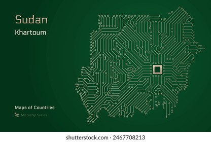 Sudán Mapa con la capital de Jartum Mostrado en un Patrón de Microchip con procesador. Gobierno electrónico. Mapas de Vector de Países Mundiales. Serie de microchips	
