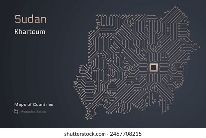 Sudan Map with a capital of Khartoum Shown in a Microchip Pattern with processor. E-government. World Countries vector maps. Microchip Series	