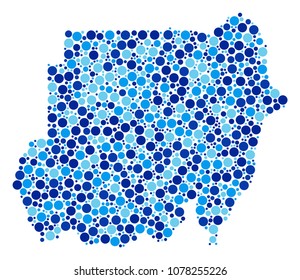 Sudan Map collage of dots in variable sizes and blue color tinges. Randomized round elements are organized into Sudan Map illustration. Vector geographical blue map design concept.